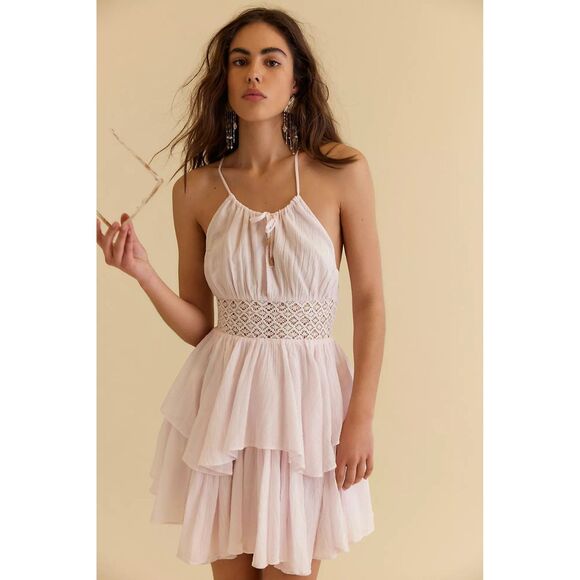 Free People Free Est Whisper Waves Mini Dress Tiered Smocked Lace S NWD 284428 - Picture 1 of 9